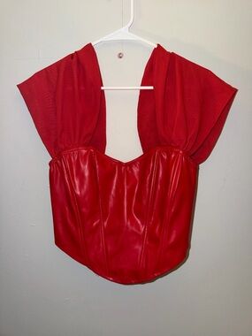 Red Faux-Leather Corset Crop Top with Draped Sleeves